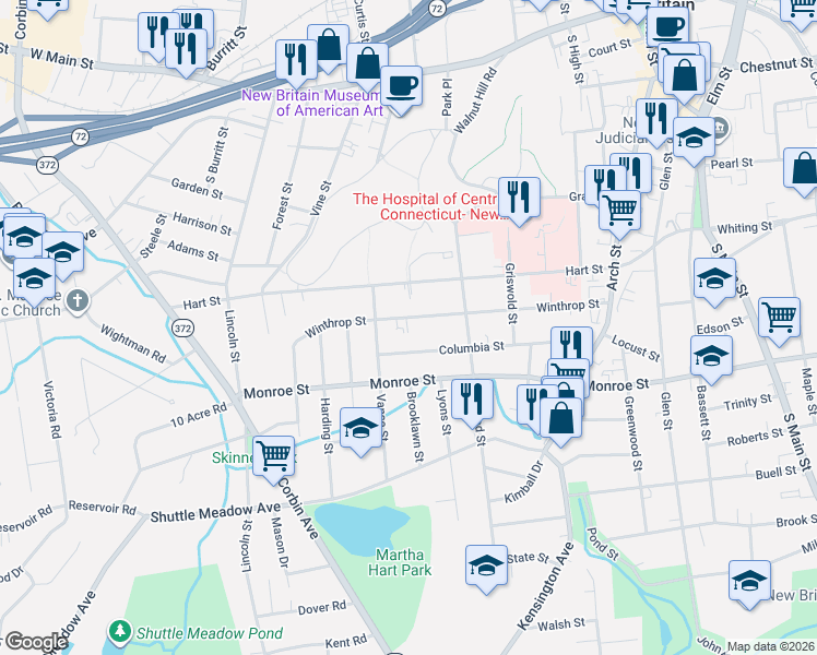 map of restaurants, bars, coffee shops, grocery stores, and more near 58 Vance Street in New Britain