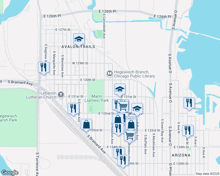 map of restaurants, bars, coffee shops, grocery stores, and more near 13043 South Carondolet Avenue in Chicago