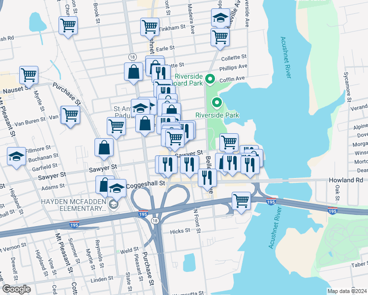 map of restaurants, bars, coffee shops, grocery stores, and more near 291 North Front Street in New Bedford