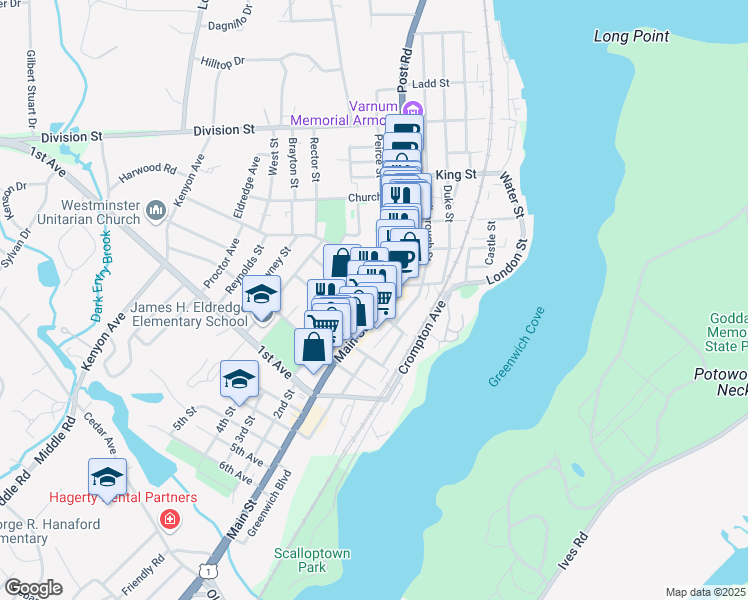 map of restaurants, bars, coffee shops, grocery stores, and more near 442 Main Street in East Greenwich