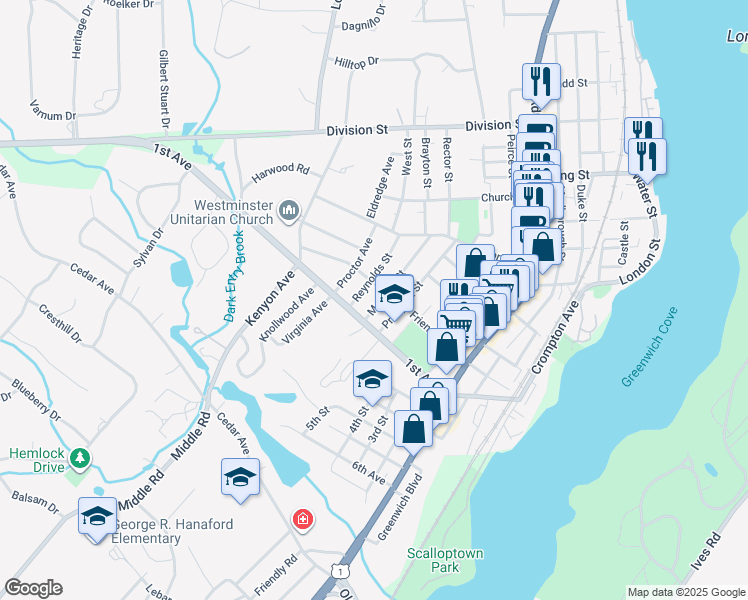 map of restaurants, bars, coffee shops, grocery stores, and more near 112 Mawney Street in East Greenwich