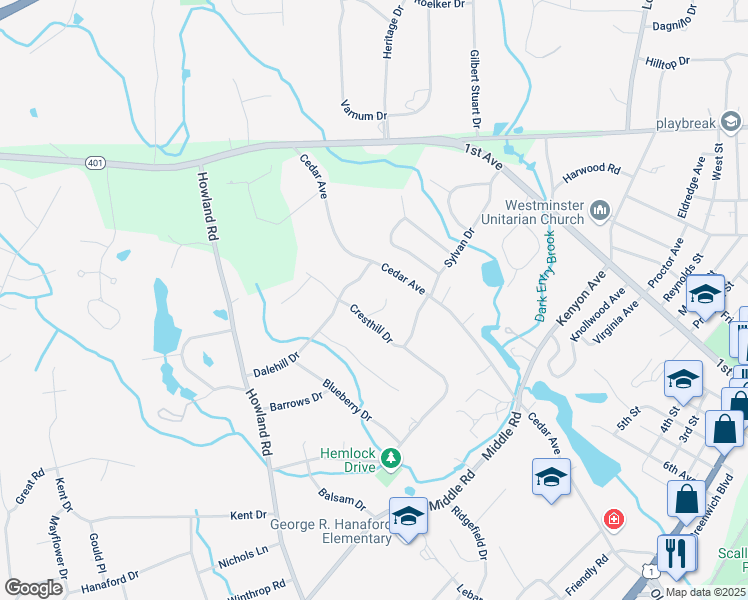 map of restaurants, bars, coffee shops, grocery stores, and more near 15 Gladridge Drive in East Greenwich