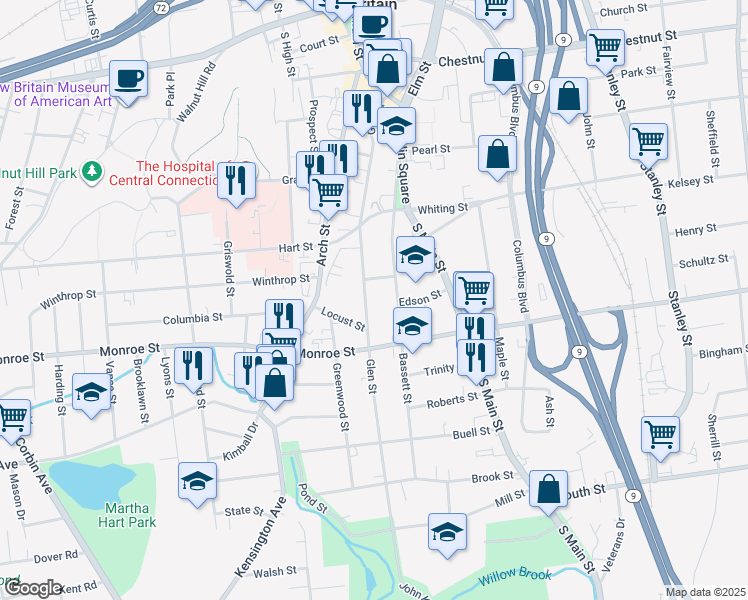 map of restaurants, bars, coffee shops, grocery stores, and more near 255 Glen Street in New Britain