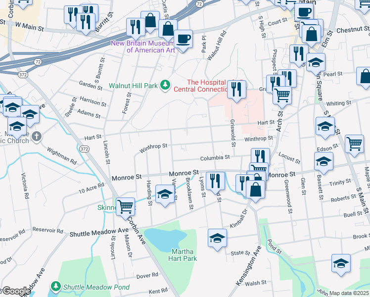 map of restaurants, bars, coffee shops, grocery stores, and more near 58 Vance Street in New Britain