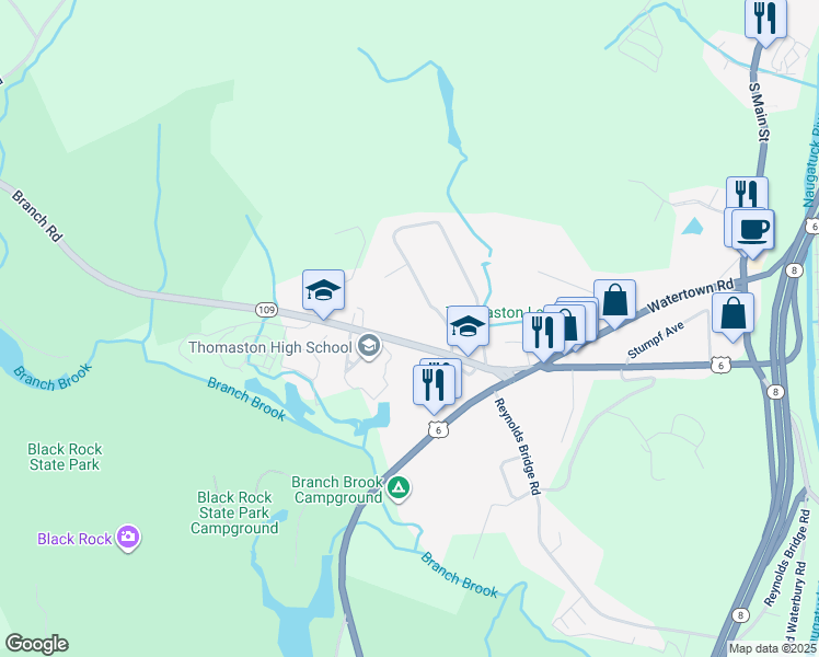 map of restaurants, bars, coffee shops, grocery stores, and more near 124 Branch Road in Thomaston