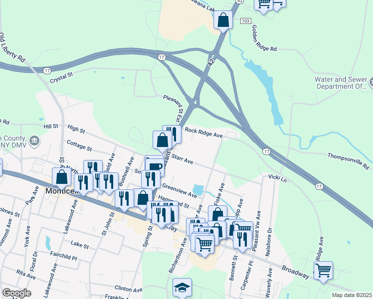 map of restaurants, bars, coffee shops, grocery stores, and more near 21 Starr Avenue in Monticello