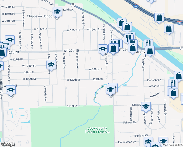 map of restaurants, bars, coffee shops, grocery stores, and more near 12817 Hill Drive in Crestwood