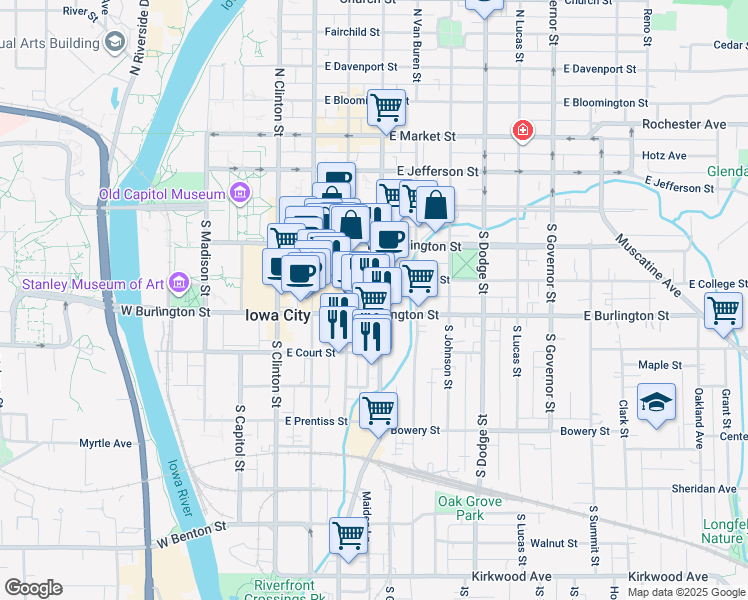 map of restaurants, bars, coffee shops, grocery stores, and more near in Iowa City