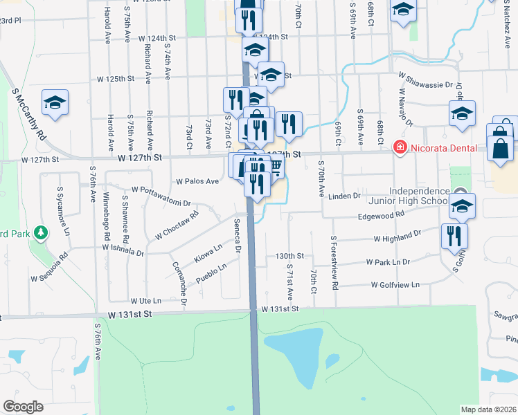 map of restaurants, bars, coffee shops, grocery stores, and more near 12830 South Harlem Avenue in Palos Heights