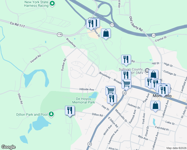 map of restaurants, bars, coffee shops, grocery stores, and more near 28 Dollard Drive in Monticello