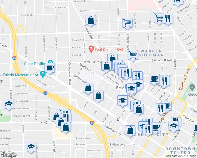 map of restaurants, bars, coffee shops, grocery stores, and more near 2200 Jefferson Avenue in Toledo