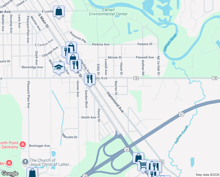 map of restaurants, bars, coffee shops, grocery stores, and more near 2800-2902 Hammond Avenue in Elkhart