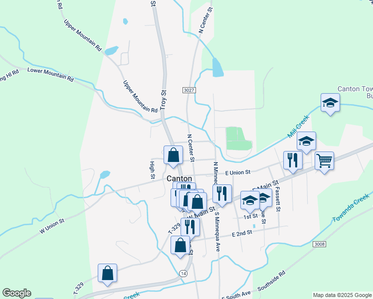 map of restaurants, bars, coffee shops, grocery stores, and more near 293 North Center Street in Canton