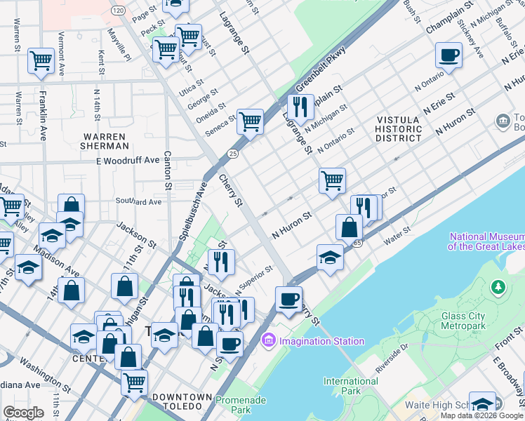 map of restaurants, bars, coffee shops, grocery stores, and more near 723 North Erie Street in Toledo