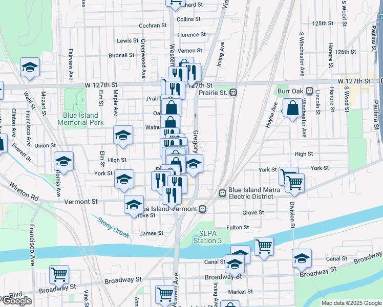 map of restaurants, bars, coffee shops, grocery stores, and more near 12935 Gregory Street in Blue Island