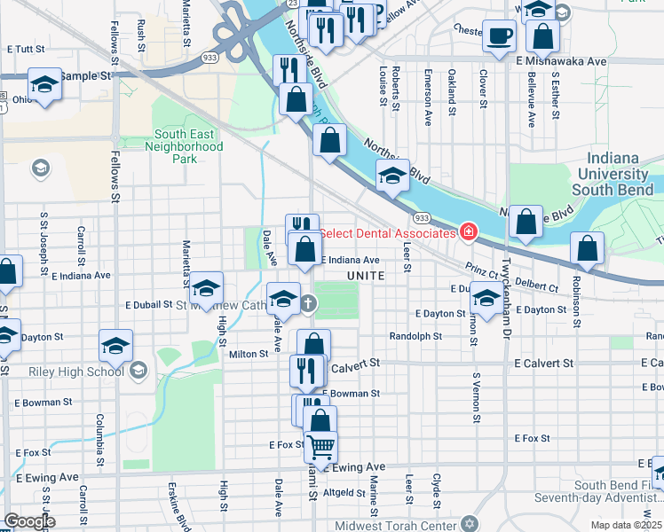 map of restaurants, bars, coffee shops, grocery stores, and more near 1135 Oak Park Court in South Bend