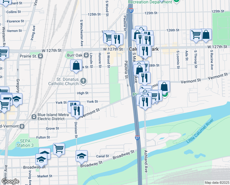 map of restaurants, bars, coffee shops, grocery stores, and more near 1732 Vermont Avenue in Blue Island