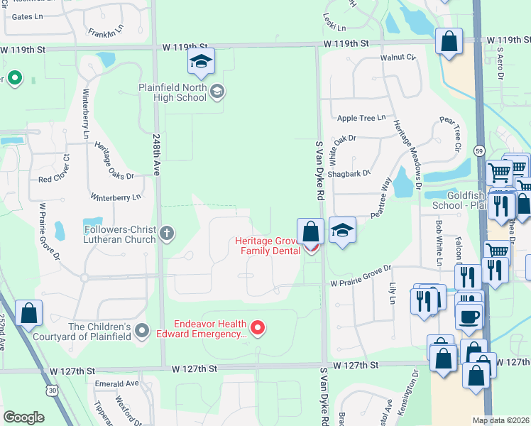 map of restaurants, bars, coffee shops, grocery stores, and more near 24508 W. Magnetic Way in Plainfield