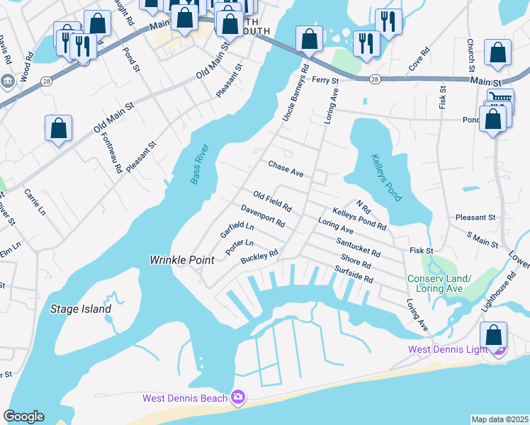 map of restaurants, bars, coffee shops, grocery stores, and more near 27 Davenport Road in Dennis