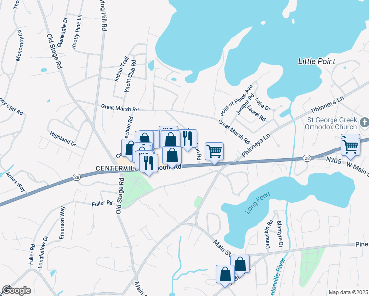 map of restaurants, bars, coffee shops, grocery stores, and more near 19 Gina Court in Barnstable
