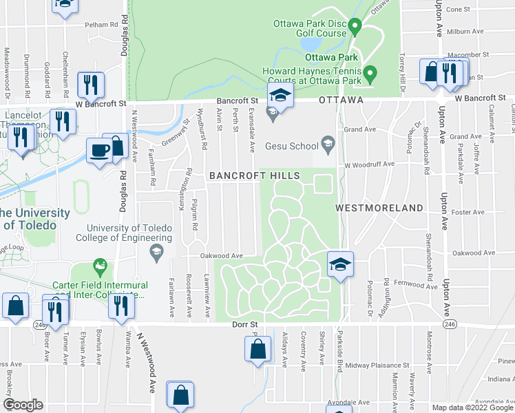map of restaurants, bars, coffee shops, grocery stores, and more near 1902 Evansdale Avenue in Toledo