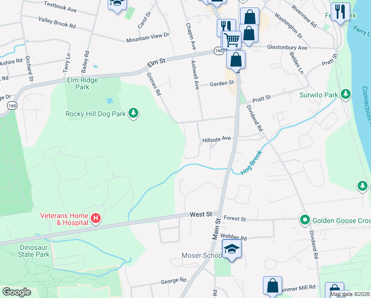 map of restaurants, bars, coffee shops, grocery stores, and more near 35d Grimes Road in Rocky Hill