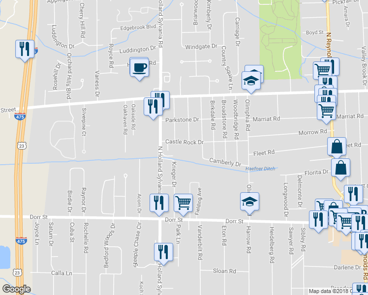 map of restaurants, bars, coffee shops, grocery stores, and more near 5815 Castle Rock Drive in Toledo