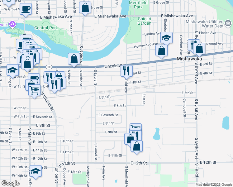 map of restaurants, bars, coffee shops, grocery stores, and more near 819 East 5th Street in Mishawaka