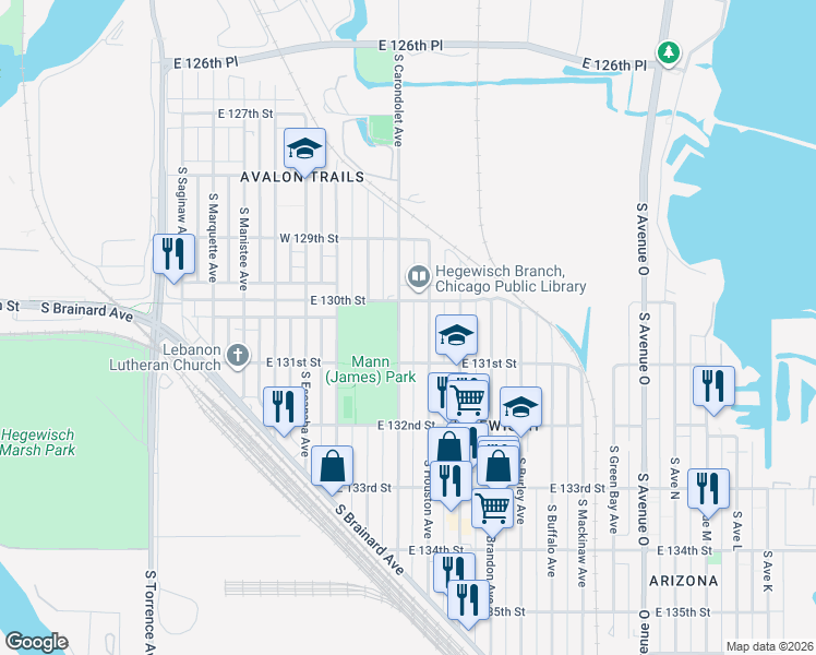 map of restaurants, bars, coffee shops, grocery stores, and more near 13043 South Carondolet Avenue in Chicago