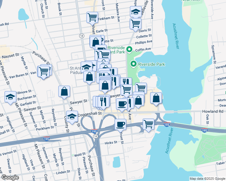 map of restaurants, bars, coffee shops, grocery stores, and more near 225 Sawyer Street in New Bedford