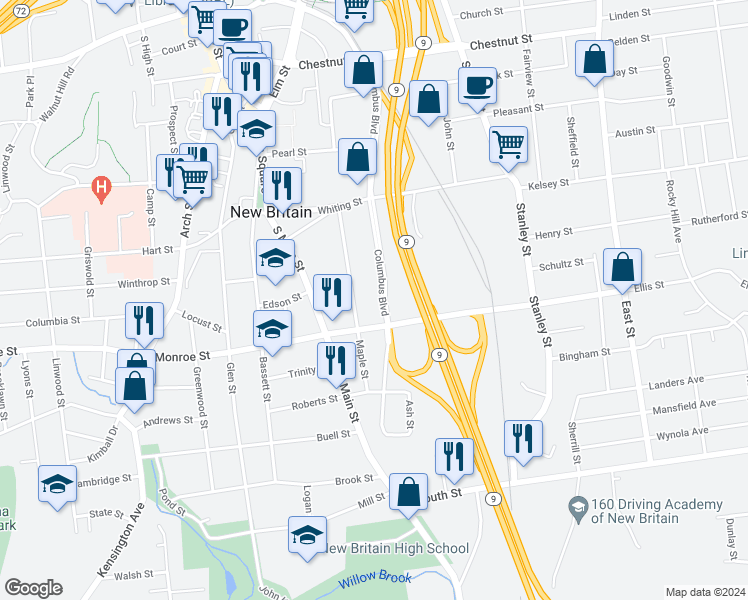 map of restaurants, bars, coffee shops, grocery stores, and more near 250 Maple Street in New Britain