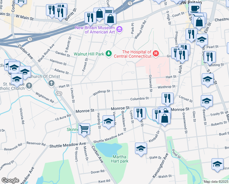 map of restaurants, bars, coffee shops, grocery stores, and more near 58 Vance Street in New Britain