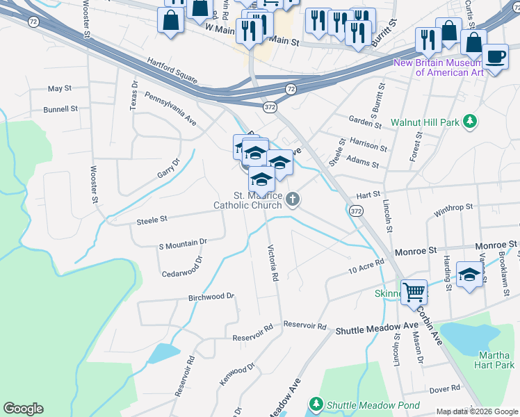 map of restaurants, bars, coffee shops, grocery stores, and more near 22 Victoria Road in New Britain