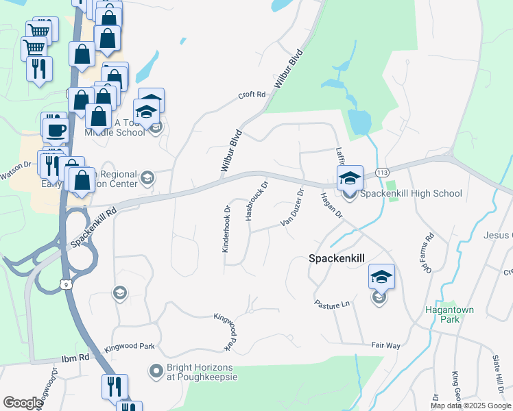 map of restaurants, bars, coffee shops, grocery stores, and more near 16 Hasbrouck Drive in Poughkeepsie