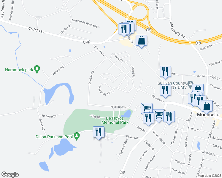 map of restaurants, bars, coffee shops, grocery stores, and more near 21 Harmony Lane in Monticello