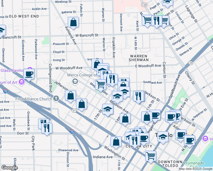 map of restaurants, bars, coffee shops, grocery stores, and more near 321 18th Street in Toledo
