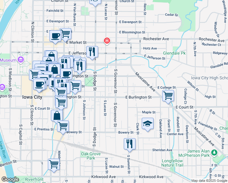 map of restaurants, bars, coffee shops, grocery stores, and more near 250 South Governor Street in Iowa City