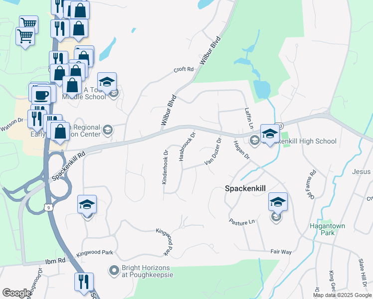 map of restaurants, bars, coffee shops, grocery stores, and more near 12 Hasbrouck Drive in Poughkeepsie