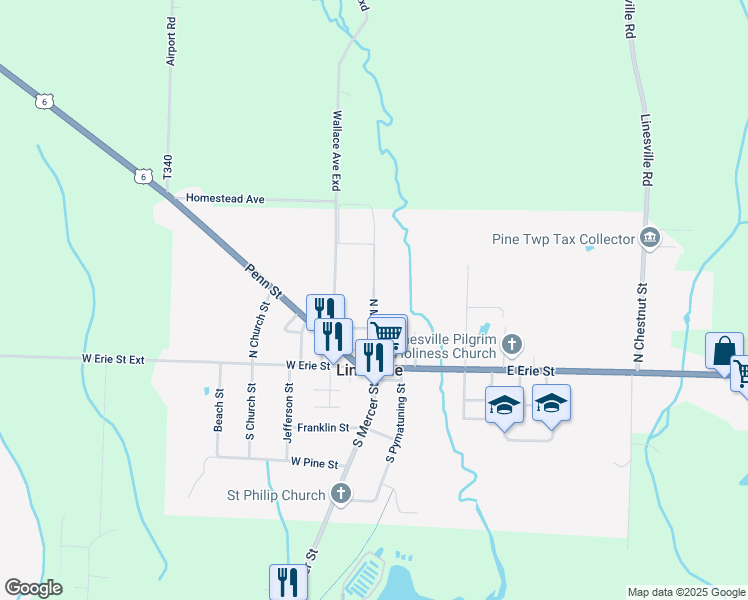 map of restaurants, bars, coffee shops, grocery stores, and more near 306 North Mercer Street in Linesville