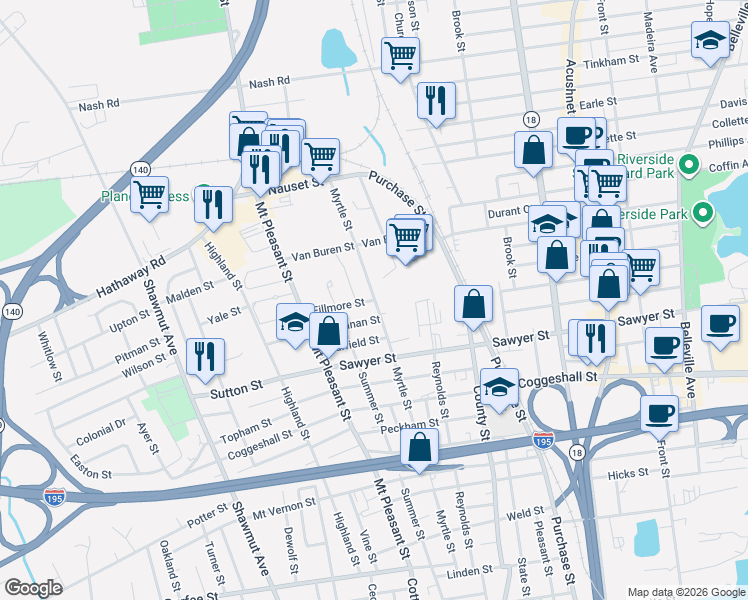 map of restaurants, bars, coffee shops, grocery stores, and more near 0 Fillmore Street in New Bedford
