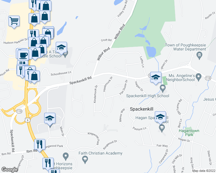 map of restaurants, bars, coffee shops, grocery stores, and more near 16 Hasbrouck Drive in Poughkeepsie