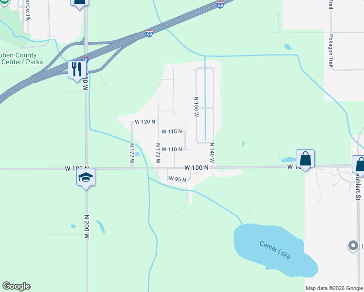 map of restaurants, bars, coffee shops, grocery stores, and more near 1565 West 110 North in Angola