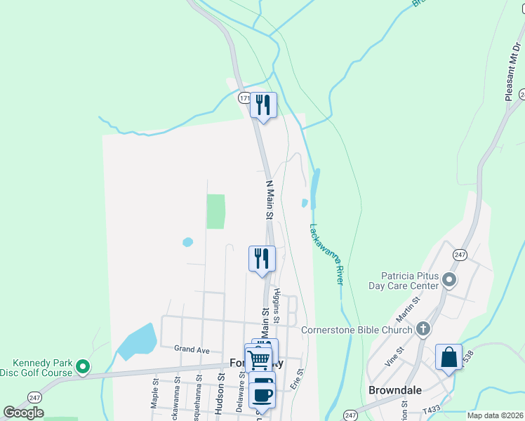 map of restaurants, bars, coffee shops, grocery stores, and more near 1015-1199 Upper Main St in Forest City