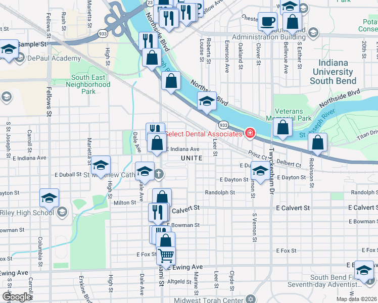 map of restaurants, bars, coffee shops, grocery stores, and more near 1614 Marine Street in South Bend