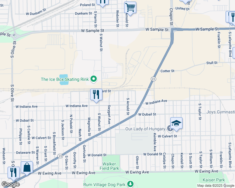 map of restaurants, bars, coffee shops, grocery stores, and more near 1513 Webster Street in South Bend