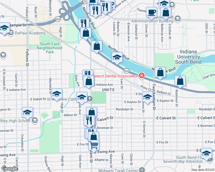map of restaurants, bars, coffee shops, grocery stores, and more near 1614 Marine Street in South Bend