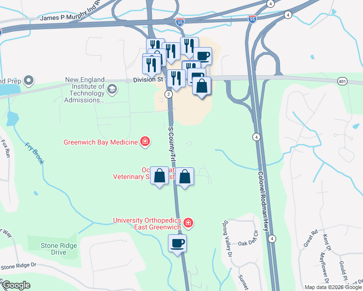 map of restaurants, bars, coffee shops, grocery stores, and more near 1404 Rhode Island 2 in East Greenwich
