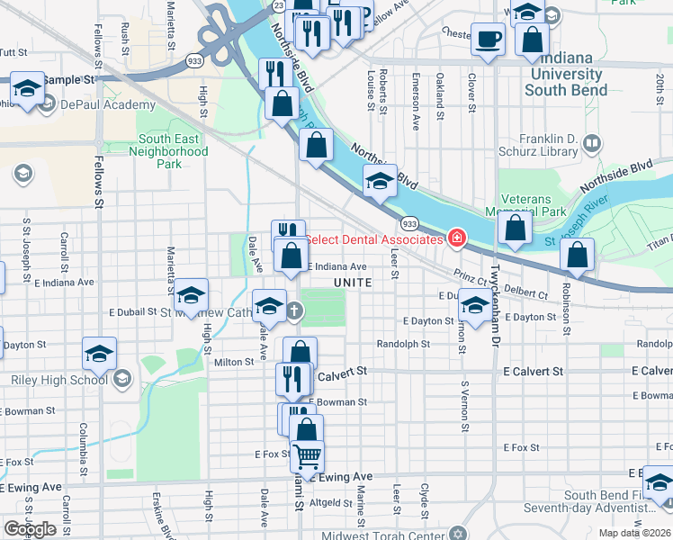 map of restaurants, bars, coffee shops, grocery stores, and more near 1142 East Indiana Avenue in South Bend
