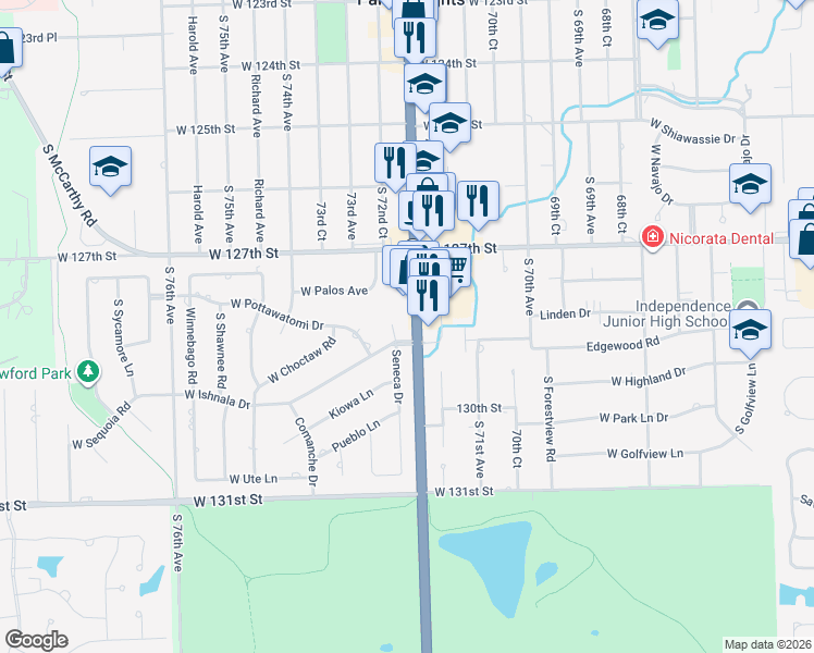 map of restaurants, bars, coffee shops, grocery stores, and more near 12830 South Harlem Avenue in Palos Heights