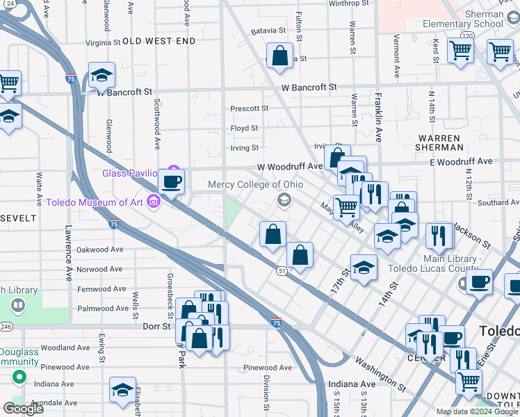 map of restaurants, bars, coffee shops, grocery stores, and more near 2238 Jefferson Avenue in Toledo